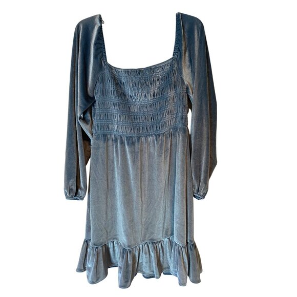 Lauren Conrad Blue Velour Long Sleeve Smocked Dress Medium - Picture 4 of 12